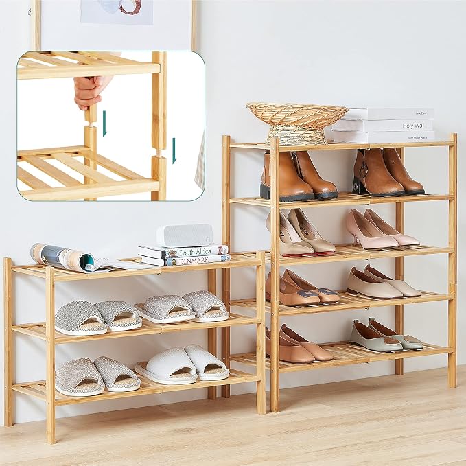 viewcare 5-Tier Bamboo Shoe Rack for Entryway, Stackable | Foldable | Natural, Shoe Organizer for Hallway Closet, Standing Shoe Racks for Indoor Outdoor