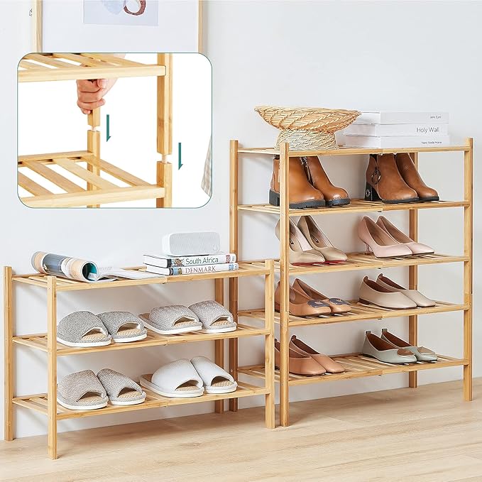 viewcare 4-Tier Bamboo Shoe Rack for Entryway, Stackable | Foldable | Natural, Shoe Organizer for Hallway Closet, Free Standing Shoe Racks for Indoor Outdoor