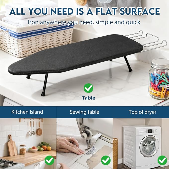 LOFTEY Small Tabletop Ironing Board, Foldable Compact Ironing Board with Iron Rest, Portable Mini Iron Boards with Heat Resistant Cover and 8mm Cotton Pad, 31.5" x 11.8", Black