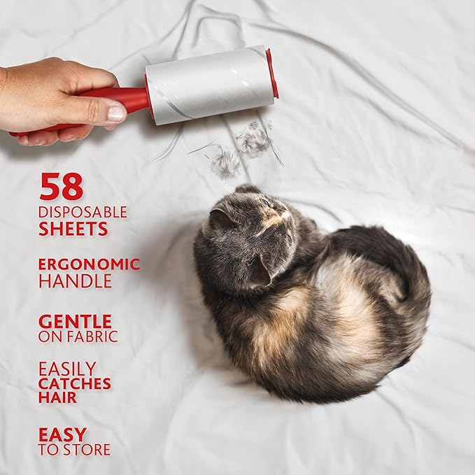 Vileda - Lint Roller Brush/Adhesive Sticky/Animal Hair Brush - 58 Sheets Per Roll - Red Handle