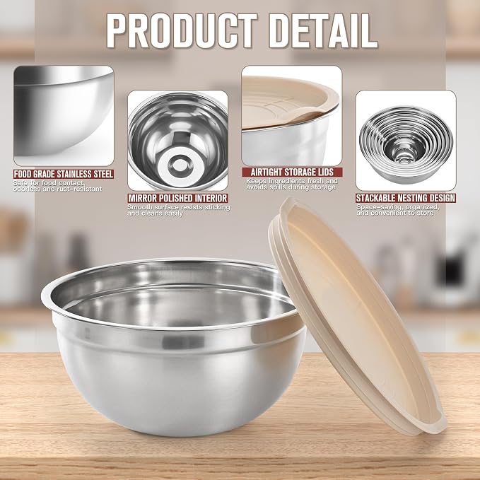31PCS Mixing Bowls with Lids Set, 5.5QT to 0.6QT Stainless Steel Nesting Bowls with Graters, Large Khaki Bowls & 21 Measuring Cups and Spoons Set Kitchen Appliances for Mixing, Baking, Food Storage