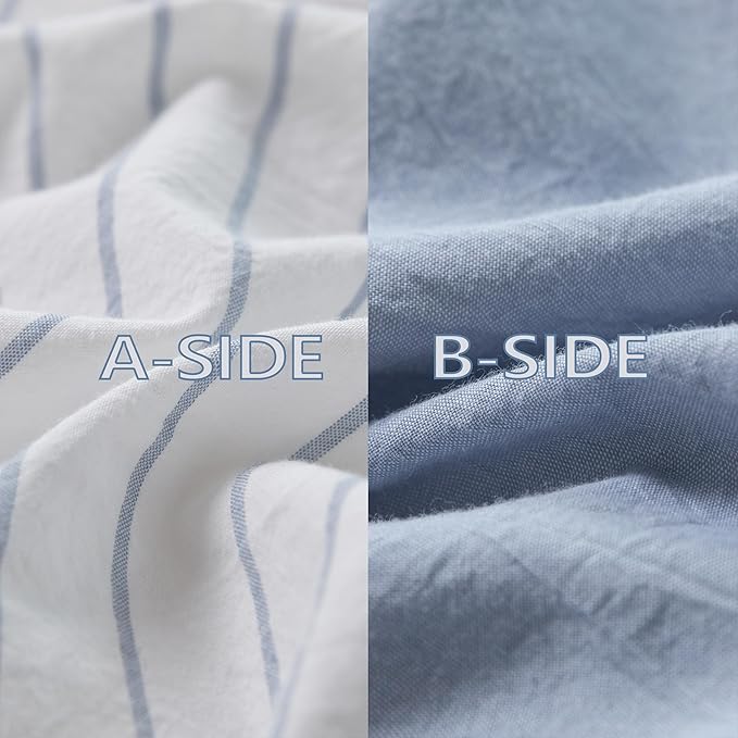 Reversible Duvet Cover Set 100% Washed Cotton Sky Blue Stripe Linen Feel Duvet Cover Queen Size with Zipper Closure & 2 Pillow Shams,Sky Blue/White Stripe Reverse Solid Sky Blue