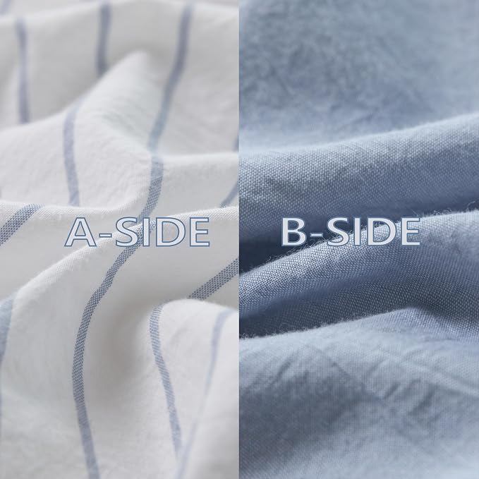 Reversible Duvet Cover Set 100% Washed Cotton Sky Blue Stripe Linen Feel Duvet Cover King Size with Zipper Closure & 2 Pillow Shams,Sky Blue/White Stripe Reverse Solid Sky Blue