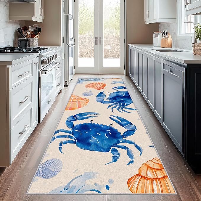 2x10 Nautical Runner Rug for Hallway, Washable Coastal Crab Rug Runner Non Slip, Seashell Ocean Home Decor Carpet for Kitchen, Bedroom, Entryway, Laundry Room, Ultra Thin Soft H188