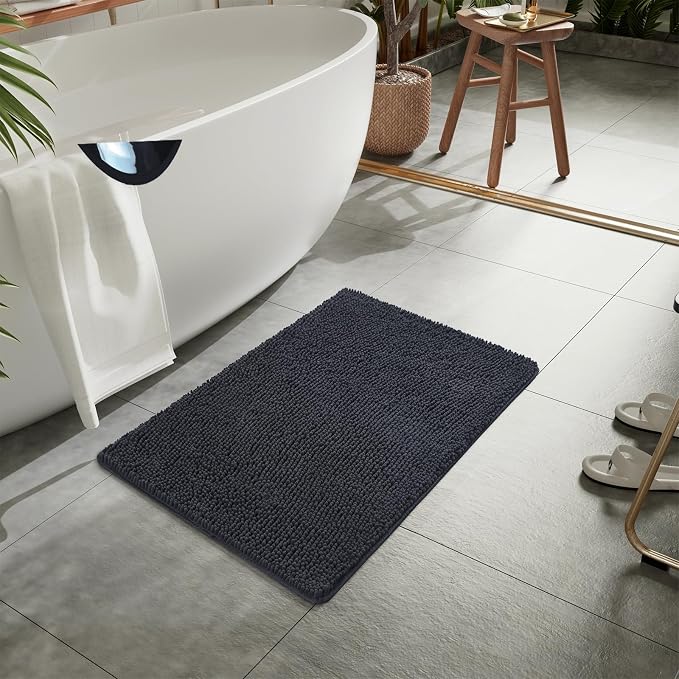 LOCHAS Luxury Bathroom Rug Shaggy Bath Mat 24 x 17 Inch, Dark Grey | Washable Non Slip Bath Rugs for Bathroom Shower, Soft Plush Chenille Absorbent Carpets