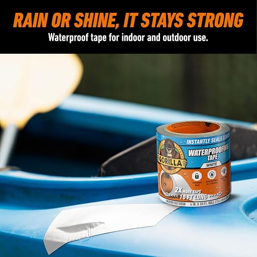 Gorilla Waterproof Patch & Seal Tape, White Tape, 4" x 10' (Pack of 4) - Permanent Weather Resistant Seal for Leaks and Repairs