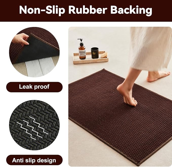 Triohero Bathroom Rugs Non Slip Washable, Super Absorbent Thin Bath Mat Quick Dry Low Pile Bathroom Rug, Brown 24"x47"