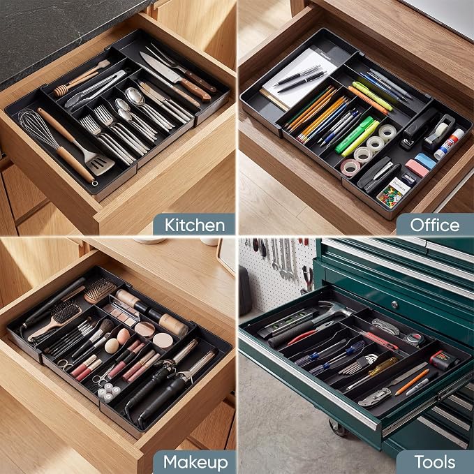 Extra Large Silverware Organizer, 9 Slot Expandable Kitchen Drawer Organizer, Utensil Holder, Heavy Duty Stainless Steel Frame Silverware Drawer Organizer, 8 Non-Slip Feet Included, BPA Free, Black
