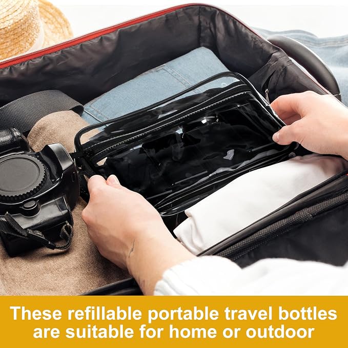 Domensi 6 Pcs 100ml /3.4 oz Pump Bottle Mini Travel Bottles Small Dispenser Containers Plastic Pump Lotion Dispenser Empty Square Travel Size Containers Toiletries (Whole Black)