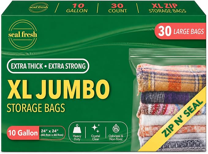 Seal Fresh 10 Gallon Large Plastic Storage Bags – 24" x 24" (30 Count) – Reusable XXL Extra Large Clear Jumbo Zip Bags with Sealable Zipper Top For Clothes, Travel, Moving