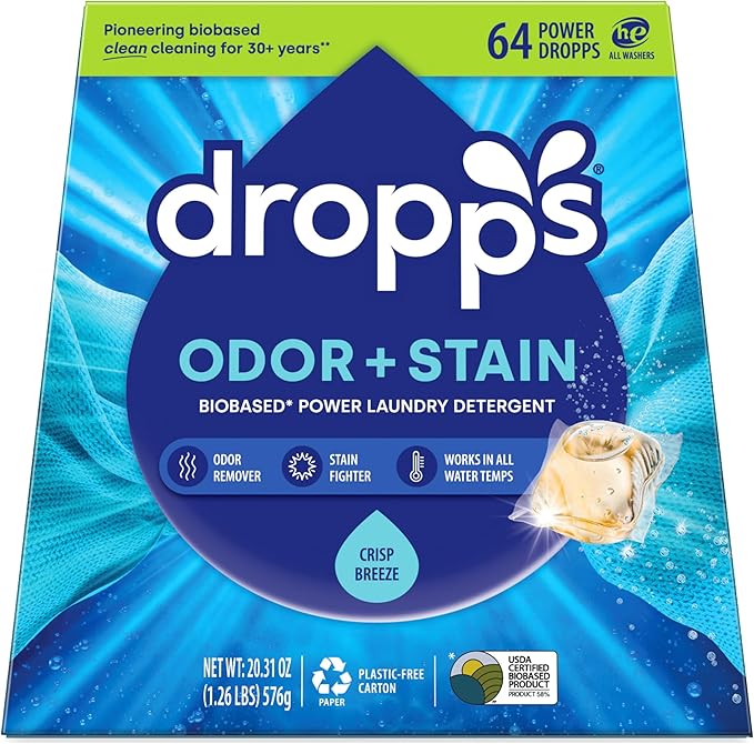 Dropps Odor & Stain Laundry Detergent Pods, Crisp Breeze (64 Count) - Powerful Laundry Pods | Complete Clean Laundry Soap | Fights Odors & Stains | Clean Ingredients | Plastic Free Packaging