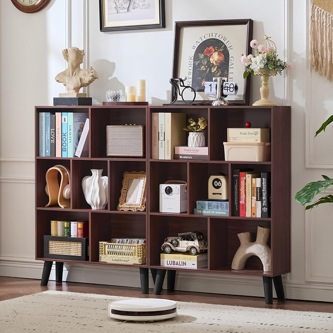 LEYAOYAO Cube Bookshelf, Mid-Century Modern Book Shelf with Legs, Walnut | 3 Tier Bookcase, Rustic Wood Bookshelves Freestanding Small Storage Organizer, Open Shelves for Bedroom, Living Room, Office