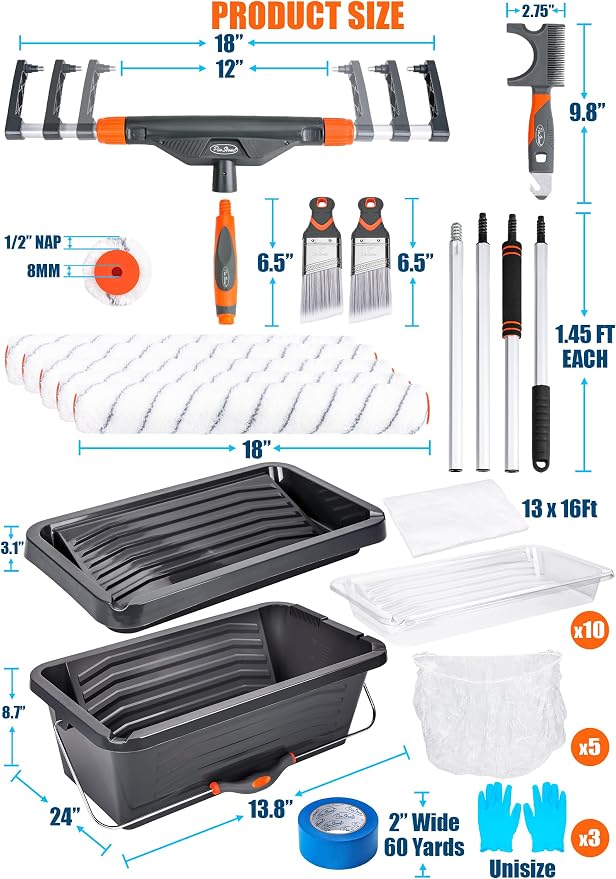 36pcs 12"-18" Adjustable Large Paint Roller Kit: Bucket Tray Liners, 1-5Ft Aluminum Extension Poles, Brush & Roller Cleaner, 18" Nylon Covers for Wall,Ceiling,Floor,Interior,Exterior Painting