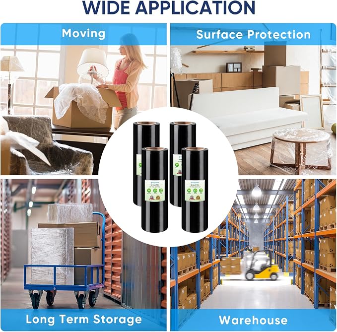TICONN 4Pk Stretch Wrap Stretch Film Roll, 1000ft Industrial Strength 18 inch Wide Black Plastic Wrap for Pallet Wrapping Shipping Moving (No Handle)