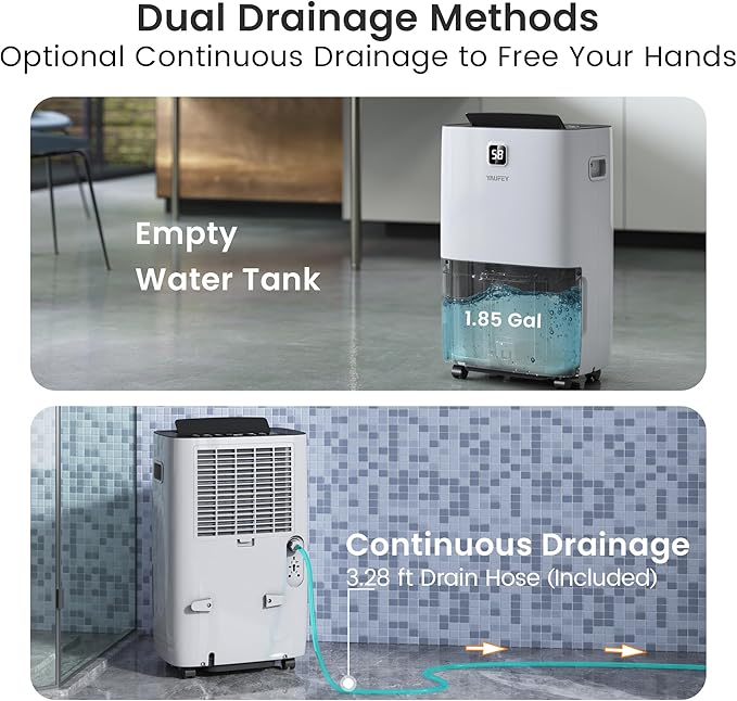 Yaufey 150 Pints Dehumidifier with Pump for Home, Basement and Large Room up to 8000 Sq. Ft., With Drain Hose, Timer, Intelligent Humidity Control and Large Water Tank