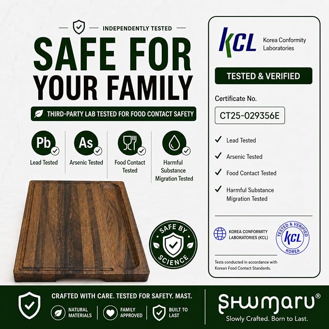 SHUMARU Exotic Suar Wood Cutting Board – 17x13x1.6" Charcuterie | Handmade in Bali - Silky-Smooth, Juice Groove, Sorting Compartment, Knife‑Friendly, Ergonomic Grips & Non‑Slip Feet