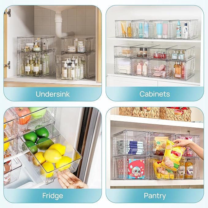 Vtopmart 8 Pack Clear Stackable Cabinet Organizers with Pull-Out Drawers, Clear Storage Drawers, 6 Medium and 2 Small for Under Sink, Pantry, Bathroom, Closet and Kitchen Storage