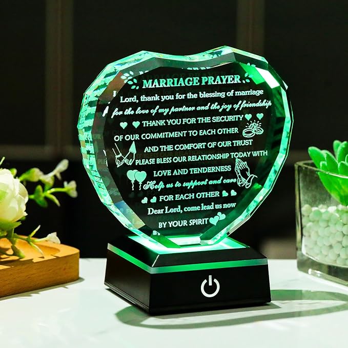 Arikyrist Wedding Gifts for Couples with Colorful LED Base 2026 Crystal Heart Anniversary Marriage Prayer Gifts, Newlywed Mr and Mrs Gift Decoration Sign Plaque Marriage Blessing Couple Bride Gift