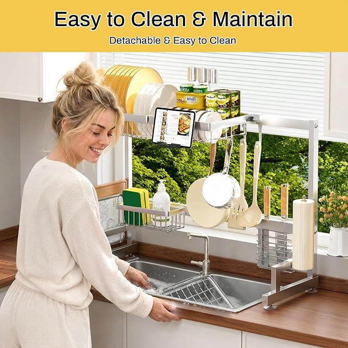 ADBIU Luxurious 304 Stainless Steel Over Sink Dish Drying Rack (Suitable for Sink Length 24.6"- 36.2") Snap-On Design 2 Tier Large Kitchen Dish Rack Stainless Steel Counter Organization and Storage