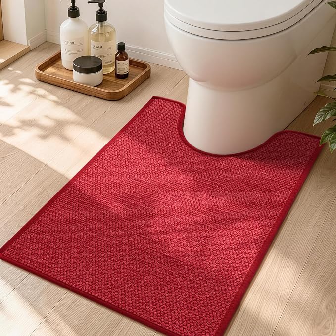 YIHOUSE Red Toilet Rugs U Shaped 17.5"x24", Quick Dry Non Slip Contour Bath Mat, Absorbent Machine Washable Ultra Thin Bathroom Mats for Toilet Base
