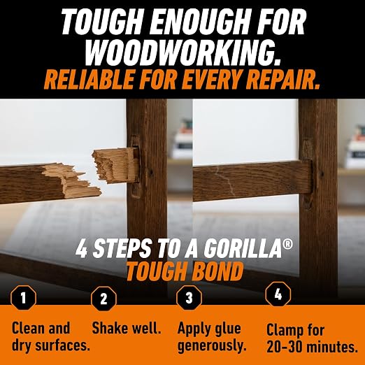 Gorilla Wood Glue, 8 oz., Water Resistant PVA Wood Glue for Indoor & Outdoor Projects, Fast Clamp, Natural Color, Paintable & Sandable
