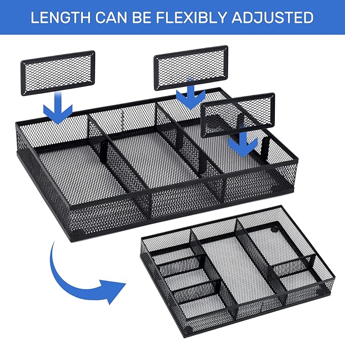 Neudeco Desk Drawer Organizer, 4 Pack Metal Mesh Drawer Organizer Set with Adjustable Dividers, Stackable Pen Organizer for Desk Drawer, Office Supplies Organizer, Black