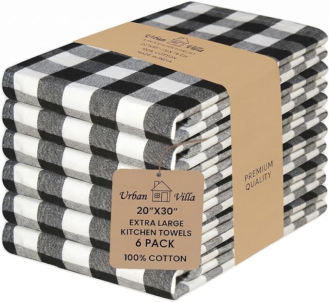 Urban Villa Kitchen Towels 100% Cotton Dish Towels for Kitchen (Set of 6) 20”x30” Dish Cloths Highly Absorbent Kitchen Linen Set with Hanging Loop Perfect for Drying Dishes Cleaning – Black White