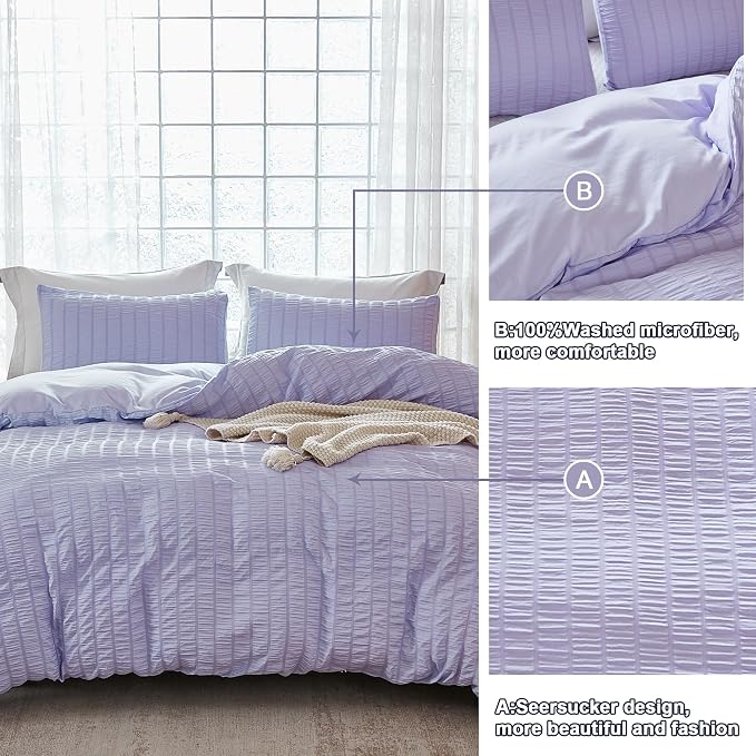 AveLom Lavender Purple Seersucker Duvet Cover Set Full (80 x 90 inches), 3 Pieces (1 Duvet Cover + 2 Pillow Cases), Ultra Soft Washed Microfiber, Textured Duvet Cover with Zipper Closure, Corner Ties