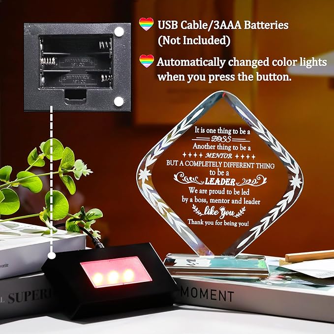 Glass Best Boss Ever Gifts for Women with LED Light Base, Personalized Appreciation Gift for Men, Retirement Plaque Gifts for Lady Boss Going Away, Boss's Day Gift Idea for Office Home Decoration