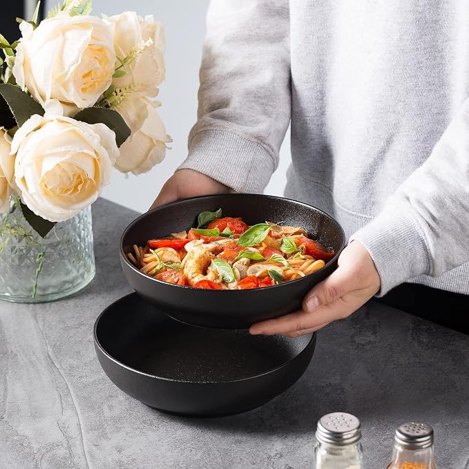 30oz Ceramic bowls set of 4-8" serving bowls for Kitchen,Pasta,Salad-Dishwasher & Microwave Safe Perfect for Housewarming, Thanksgiving, Christmas-Matte Black