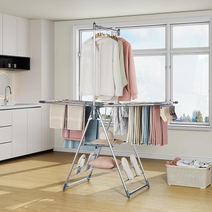 APEXCHASER Clothes Drying Rack with High Hanger, Foldable 3-Level Drying Racks with Shoe Rack, Crossbar and Vertical Rod Laundry Stand with Adjustable Wings Grey