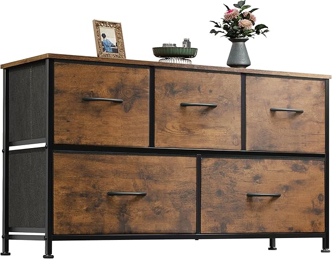 WLIVE Wide Dresser for Bedroom, 5 Drawer Chest of Drawers, Rustic Brown | 5 roomy fabric drawers, Wide storage design, Bedroom or closet use, Sturdy steel frame, Smooth wood tabletop