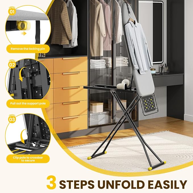 KINGBOARD 2-in-1 Stander & Steam Foldable Ironing Board with Iron Rest | 13 x 43 inchs, Height Adjustable, Alloy Structure, Non-Slip Feet, Space Saving for Laundry Rooms, Bedrooms, Dormitories