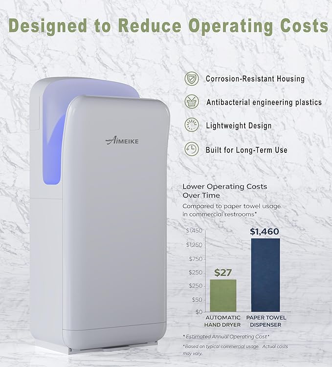 Commercial Hand Dryer, Vertical High-Speed Electric Hand Dryer for Bathrooms, Automatic Touchless Hands-in Hand Dryer for Large Public Restrooms, Offices, Hotels, Schools, White