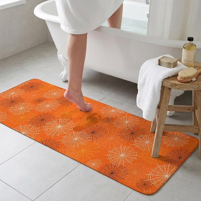 Orange Halloween Bathroom Runner Rugs Non Slip Washable Absorbent Narrow Long Bath Mat Black White Net Halloween Runner Rugs for Kitchen Hallway Bedroom Laundry Study Room 15.7"x47.2"