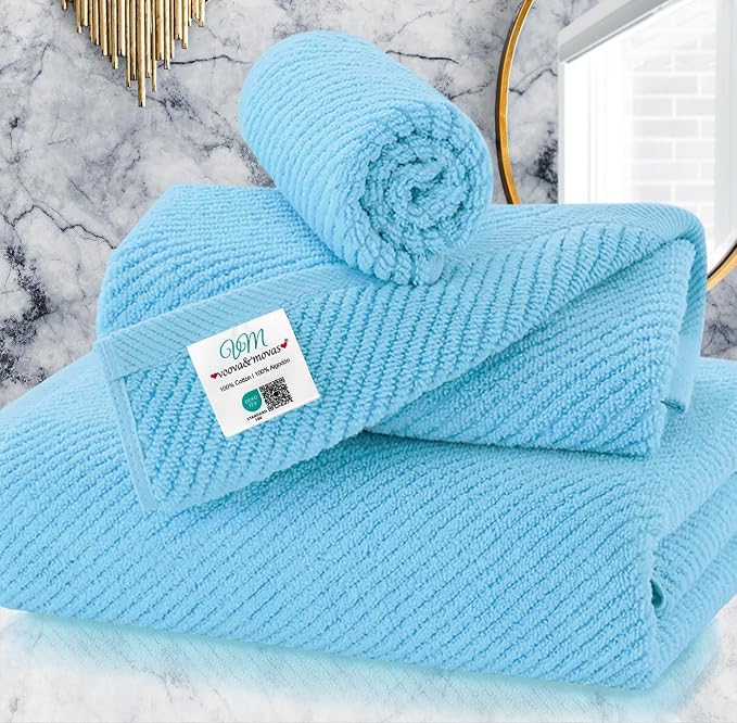 VOOVA & MOVAS 3PC Towel Set, 100% Cotton, Ocean Blue | 1 Large Bath 30x56 In, 1 Hand 18x28 In, 1 Wash Cloth 13x13 In, Quick Dry, Soft, Thick, Bathroom Essentials