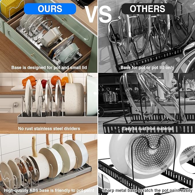 Mustorn 2 Pack Pots and Pans Organizer Under Cabinet, 22" Expandable Food Storage Container Lid Organizers with 9 Adjustable Dividers Pot and Pan Lid Holders Rack Inside Cabinet/Countertop(Gray)