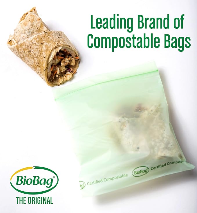 BioBag 100% Certified Compostable Resealable Sandwich Bags, 25 Count, Perfect for Lunches, Snacks, and On The Go Green