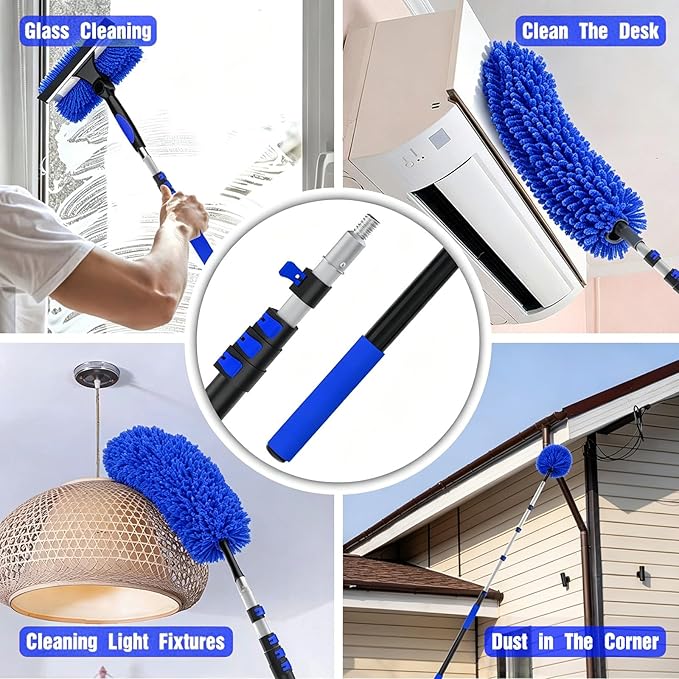 26FT Reach Duster Kit, Window Cleaning with 5-20FT Telescoping Extension Pole, High Ceiling Duster, Microfiber Feather Duster, Cobweb Duster, Window Squeegee, Feather Duster, Extendable Pole Kit