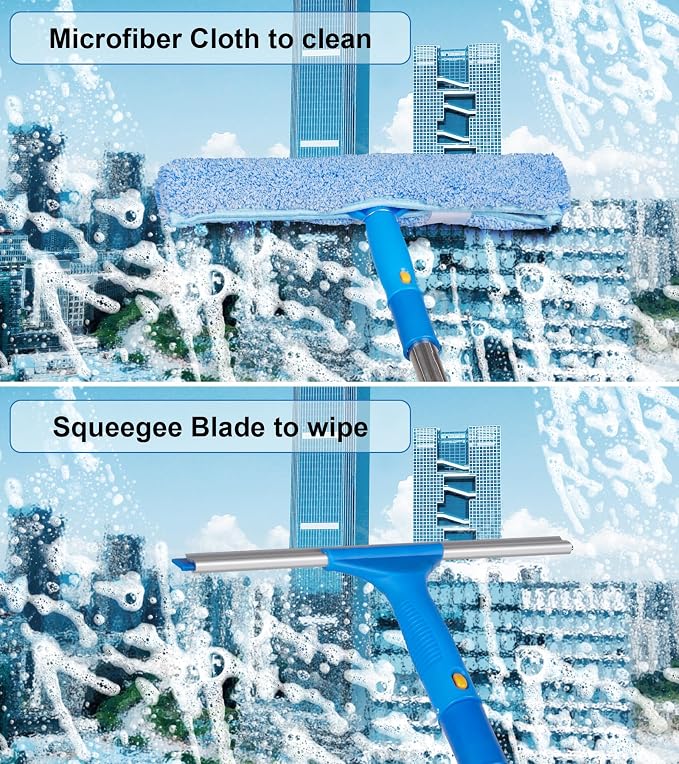 Window Squeegee Cleaner with 4 Stainless Steel Extension Poles,Long Reach to 58inch, Scrubber, Glass Scraper, Bendable Duster, 2 Scrubber Cloth for Window, Car, Professional Cleaning Kit
