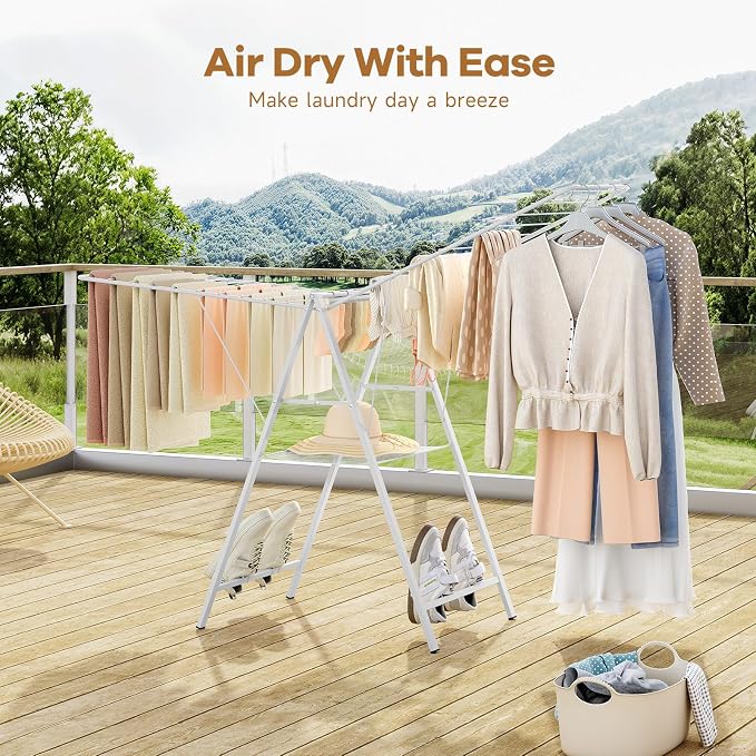 6 Height Adjustable Clothes Drying Rack with Shoe Slots, White | Pre-Assembled, Stable Load Structure, 22 Drying Rails, Foldable Space-Saving For Efficient Indoor & Outdoor Airflow Drying