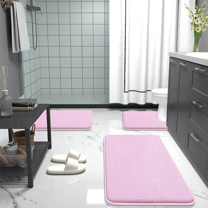 OLANLY Thick Memory Foam Small Bathroom Rug 24x16, Absorbent Bath Mat, Pink | Soft Quick Dry Bath Mat Rugs, Non-Slip, Machine Washable Mat for Bathroom Floor, Tub and Shower, Home Decor Accessories