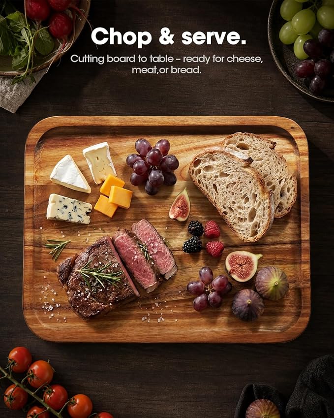 Starkbear Acacia Wood Cutting Board Set of 3 with Stand, Core-Cut Non Slip Wooden Chopping Block, Sloped Juice Groove Reversible Charcuterie Serving Tray for Modern Kitchen Gift