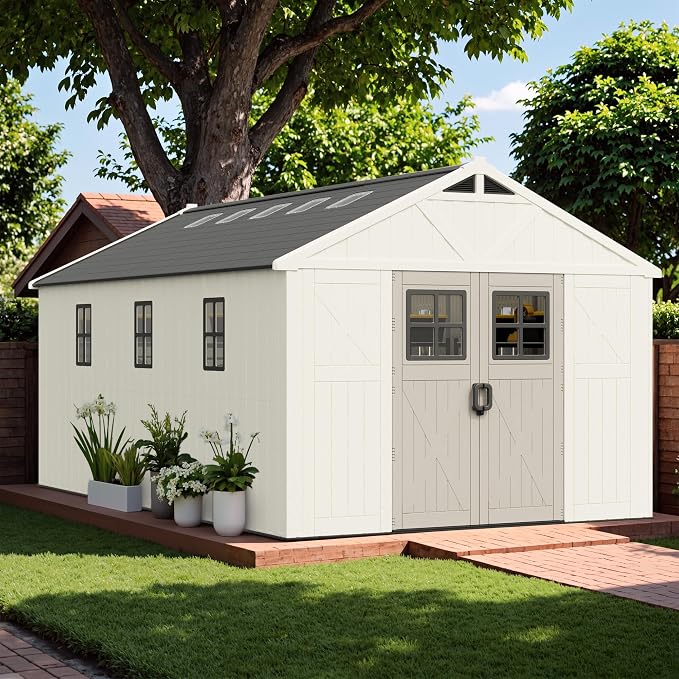 Greesum 10X16FT Plastic Outdoor Storage Shed with Floor and Lockable Door, Resin Sheds with 7-Windows and Multiple Skylights, HDPE Kick-it Shed for Garden, Patio, Backyard, Beige