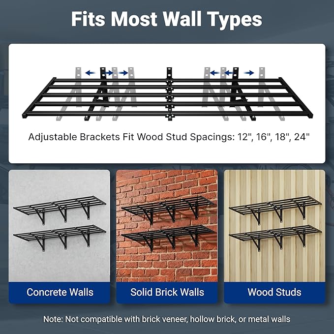 FLEXIMOUNTS 4-Pack 2x6ft Heavy Duty Garage Wall Shelving, 1200lbs Capacity, Garage Shelving Wall Mounted with 8 Hooks, Storage for Power Tools, Garden Supplies, Storage Bins, Lite Series