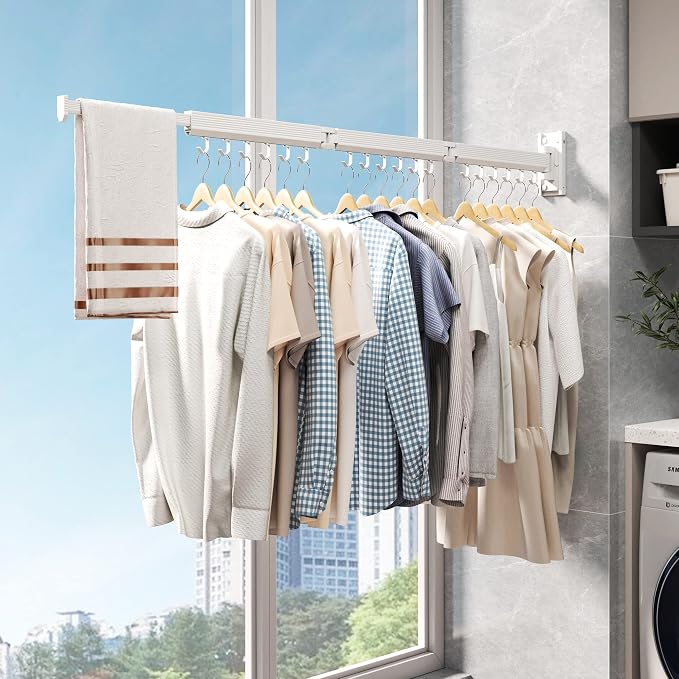 Wall Mounted Tri-Fold Clothes Drying Rack, Heavy Duty Collapsible Laundry Drying Rack, Space-Saving Retractable Foldable Drying Rack Clothes for Laundry Room Balcony Bathroom,White-Hooks