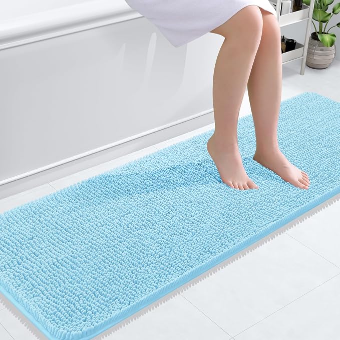 OLANLY Bathroom Runner Rugs 59x20, Soft Absorbent Chenille Bath Rugs, Rubber Backing Quick Dry, Machine Washable Long Bath Mats for Bathroom Floor, Tub and Shower, Home Decor Accessories, Sky Blue