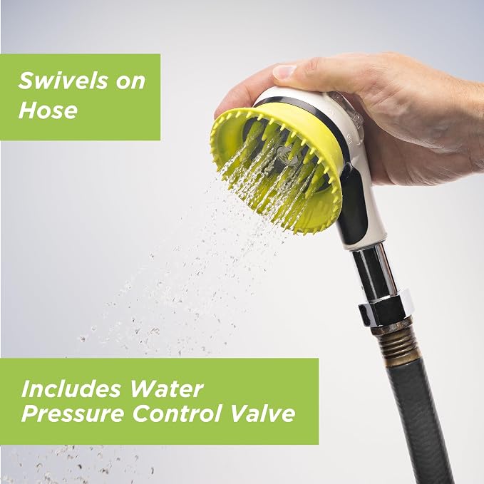 Wondurdog Outdoor Dog Wash Garden Hose Nozzle for Bath and Quick Paw Rinses. Splash Shield Handle and Rubber Grooming Brush. Metal Connection. Swivels on Hose with Water Pressure Control.