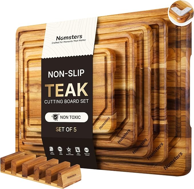 5 Pack Teak Wood Cutting Board Set with Holder Non Slip Over Sink Wooden Chopping Board for Fresh Meat Vegetable Thick Haus Perfect for Charcuterie Juice Groove Bread Boards for Kitchen