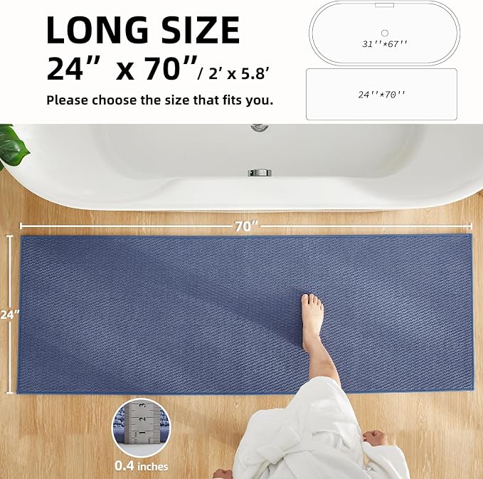 TYUU Bathroom Runner Rugs, Long Bath Mat Runner Washable Thin Quick Dry Low Pile Bathroom Runner Rugs Non Slip, Denim Blue 24"x70"